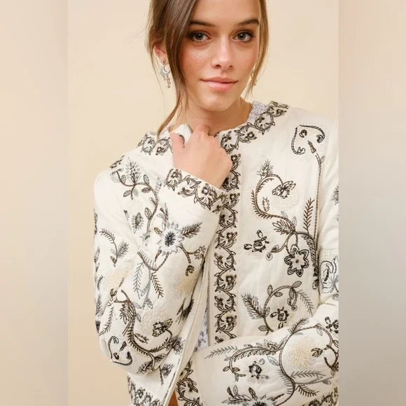 Embroidered Zip Up Jacket in Vanilla Black - Picture 5 of 8